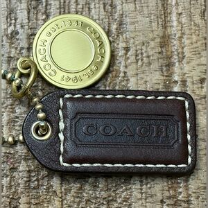 COACH Brown Leather Key Holder/Hang Tag with Gold-Tone Medallion
